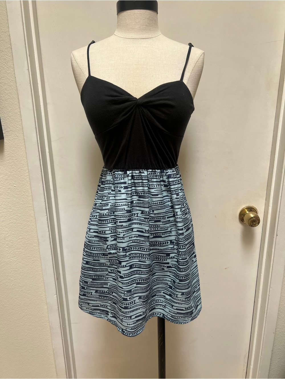 Black Twist-Front Spaghetti Strap Dress with Blue Patterned Skirt